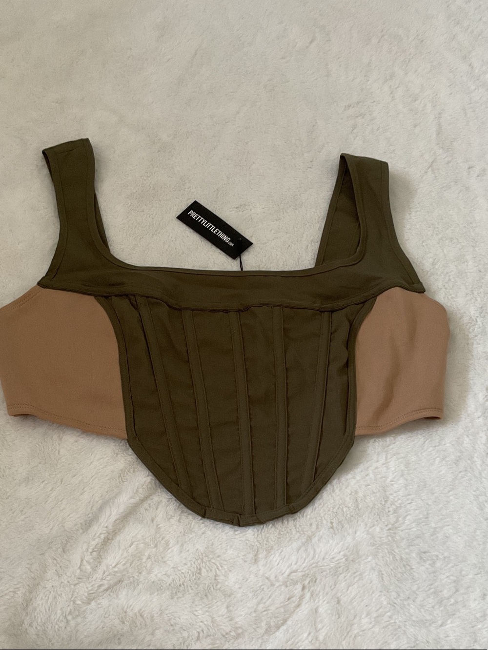 PrettyLittleThing Olive & Camel Structured Corset Crop Top US 12